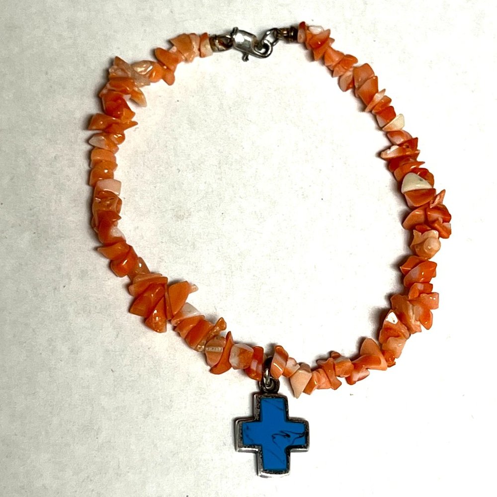 Orange Agate chip bracelet with sterling cross charm, Southwestern flair